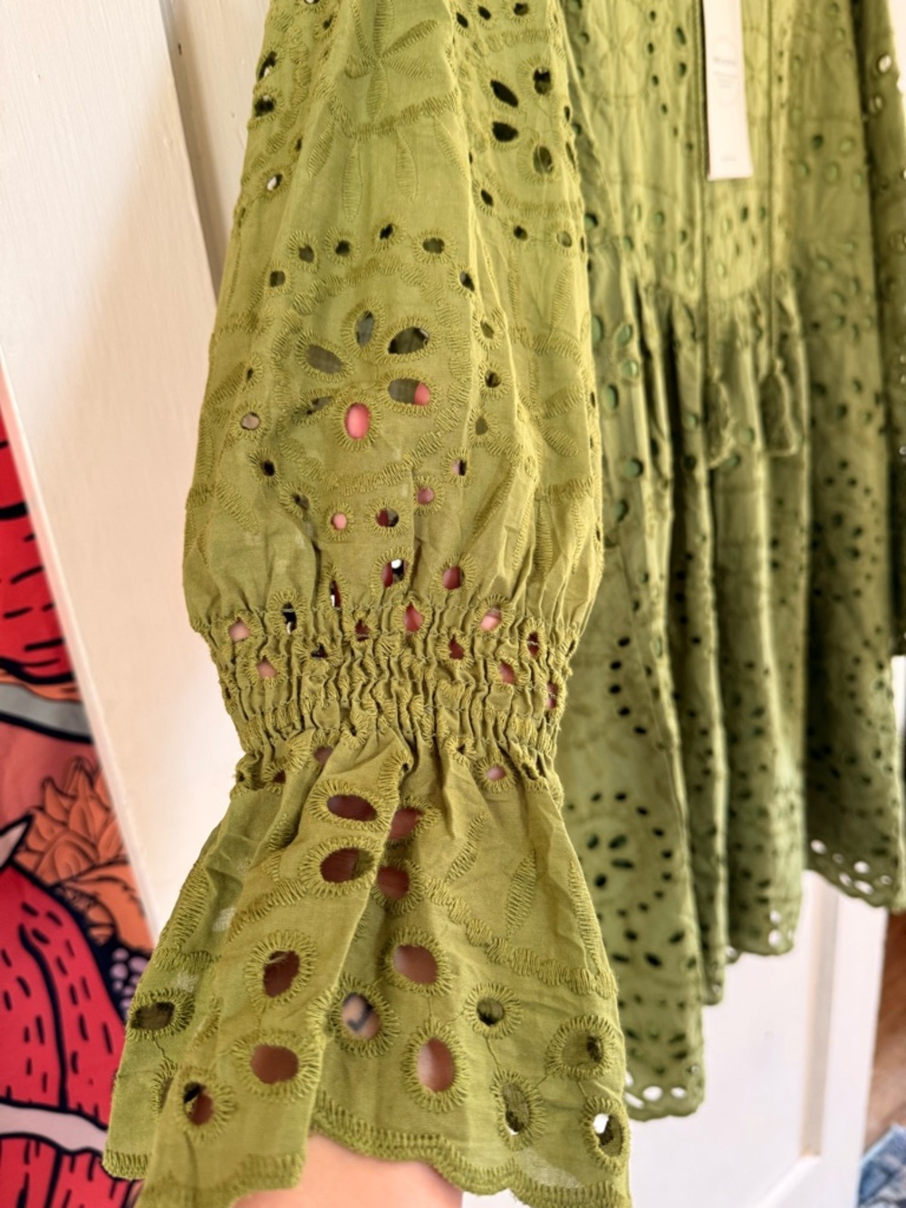 Boho Olive Eyelet Tassel Mini Dress - Picture 4 of 8